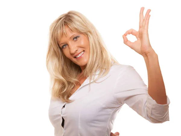 Mature woman showing ok sign hand gesture isolated — Stock Photo, Image