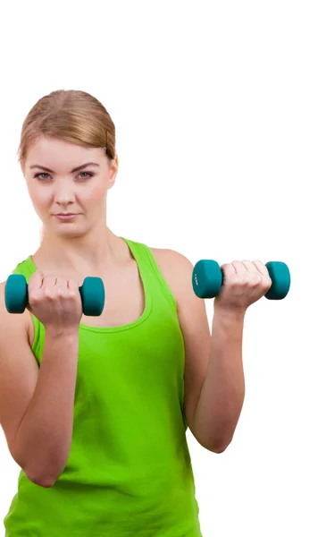 Woman exercising with dumbbells lifting weights — Stock Photo, Image