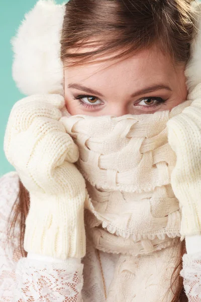 Woman girl covering face mouth with scarf. — Stock Photo, Image