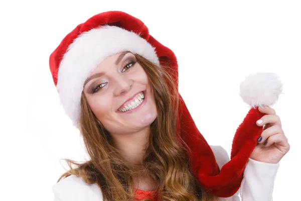 Frau mit Weihnachtsmann-Hut frei und glücklich — Stockfoto