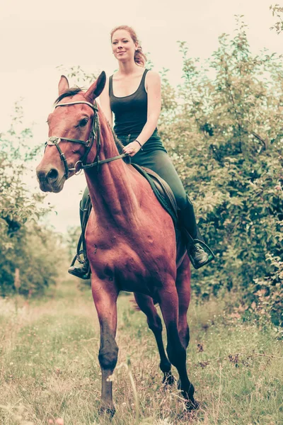 Młoda kobieta pozbawienie na koniu — Zdjęcie stockowe