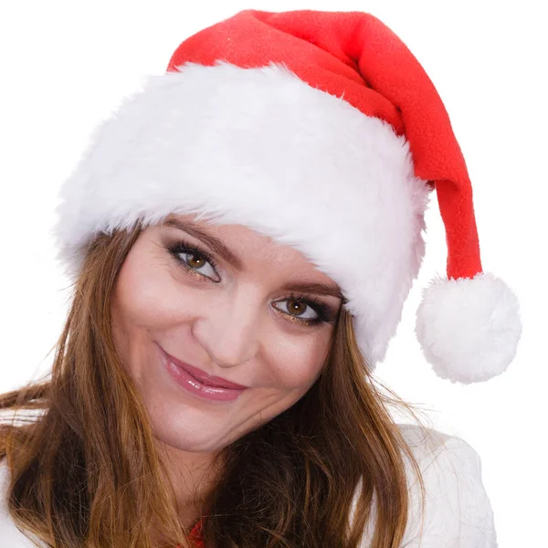 在自由和快乐的圣诞老人帽子的女人 免版税图库图片