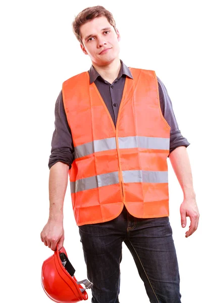 Trabalhador masculino em uniforme laranja e capacete . — Fotografia de Stock