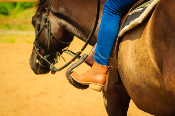 Donna piede in staffa su sella di cavallo — Foto Stock