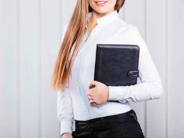 Young woman office worker hold case with files. — Stock Photo, Image