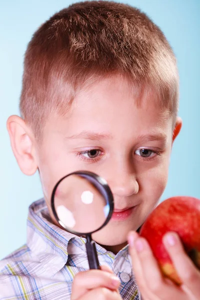 孩子检查苹果用放大镜. — 图库照片