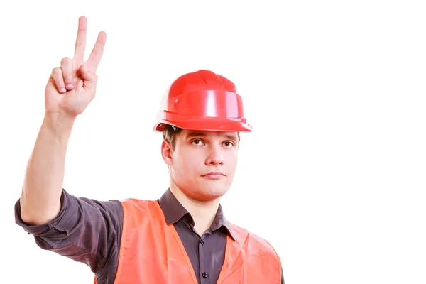 Man worker showing sign of victory. — Stock Photo, Image