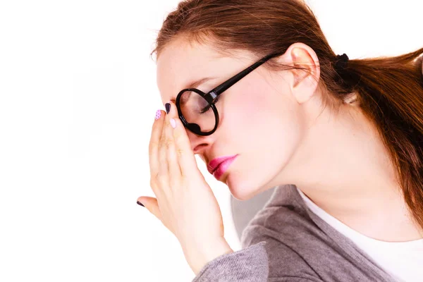 Woman suffering from headache sinus pain — Stock Photo, Image