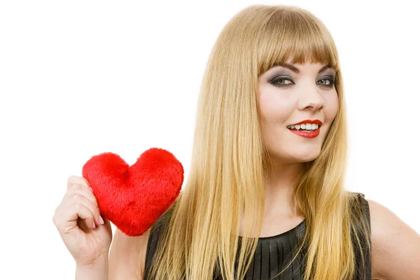 Woman gorgeous girl holding red heart love symbol — Stock Photo, Image