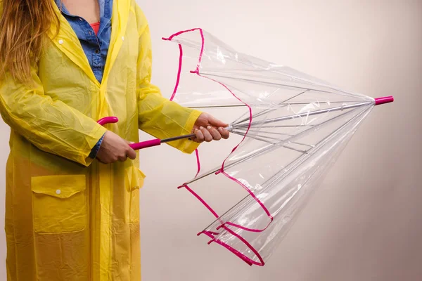 Woman wearing waterproof coat opening umbrella — Stock Photo, Image