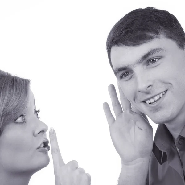 Woman telling man some secrets, couple talking — Stock Photo, Image