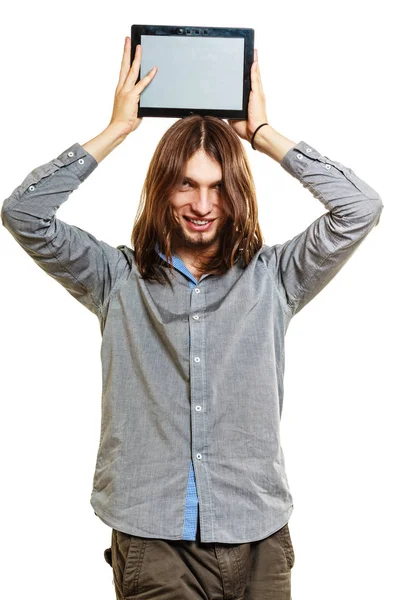 Man holding pc tablet. Blank screen copyspace. — Stock Photo, Image