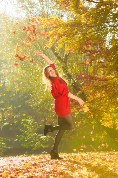 Cheering girl with leaves. — Stock Photo, Image