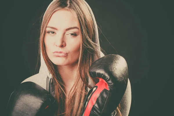 Woman wear hoodie and boxer gloves. — Stock Photo, Image