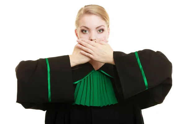 Woman lawyer barrister covering mouth with hands. — Stock Photo, Image