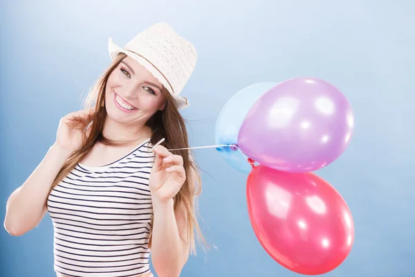 Woman summer joyful girl with colorful balloons — Stock Photo, Image