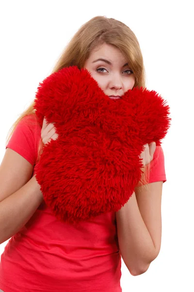 Woman sad girl hugging red heart love symbol — Stock Photo, Image