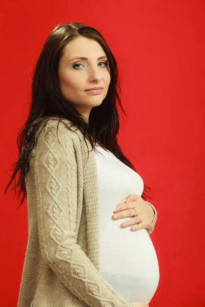 Schwangere junge Frau zeigt ihren Bauch — Stockfoto