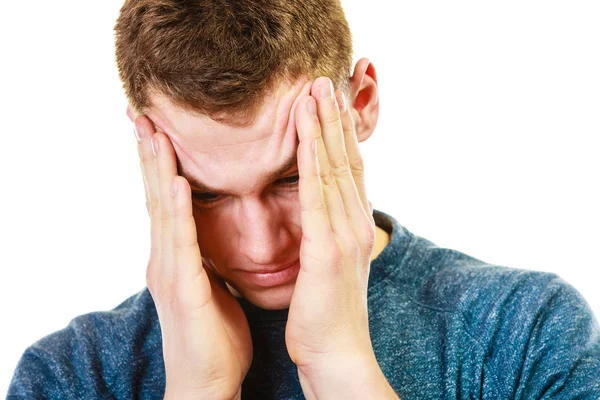 Closeup stressed man holds head with hands — Stock Photo, Image