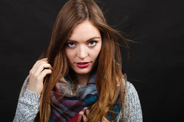 Smiling girl wearing warm wooden scarf — Stock Photo, Image