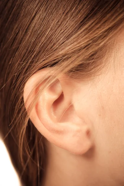 Primer plano en la oreja femenina Imagen de archivo