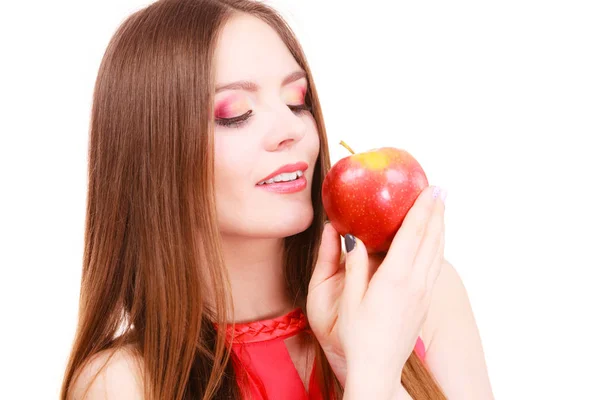 Woman charming girl colorful makeup holds apple fruit — Stock Photo, Image