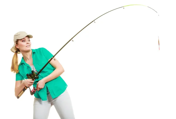 Nő, horgászbot, spinning berendezések — Stock Fotó