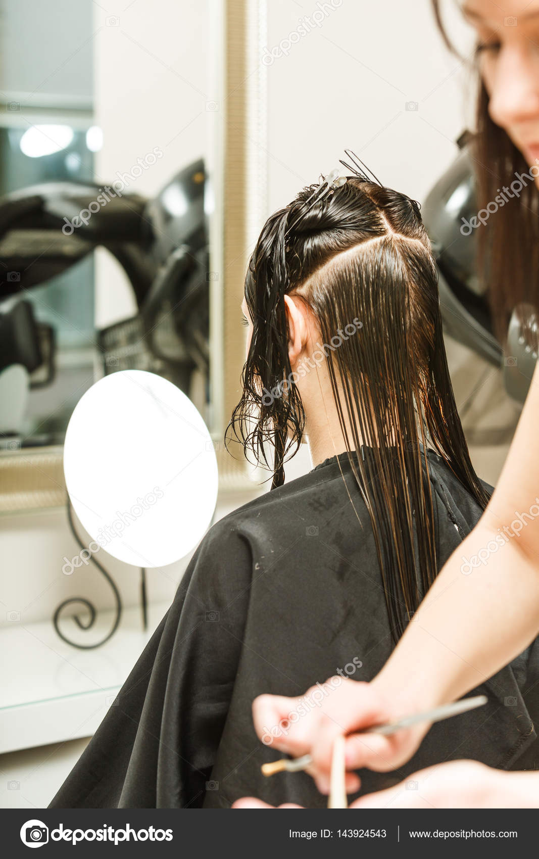 Hairdresser Cutting Woman Dark Long Hair Stock Photo