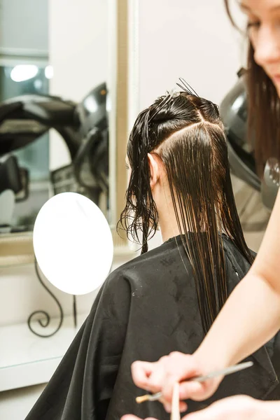 Friseur schneidet Frau dunkle lange Haare — Stockfoto