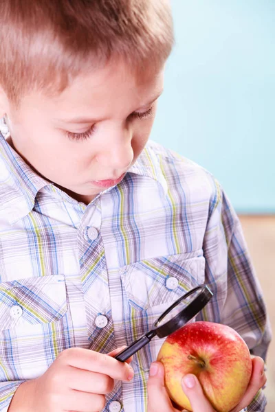 Kid undersöka apple med förstoringsglas. — Stockfoto