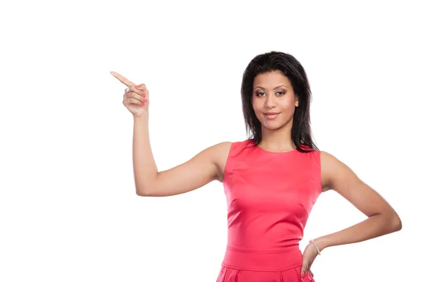 Mujer bonita apuntando al espacio vacío de copia en blanco. —  Fotos de Stock