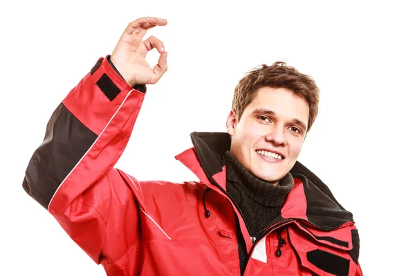 Male outdoorsman making gestures — Stock Photo, Image