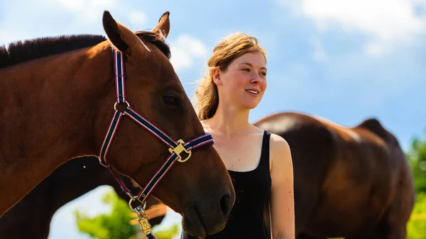 Fiatal lány alsószoknya és átölelve barna ló zsoké — Stock Fotó