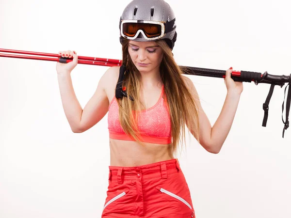 Woman lifting skiing poles. — Stock Photo, Image