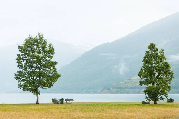 Picknicktafel site en banken in de buurt van fjord in Noorwegen, — Stockfoto