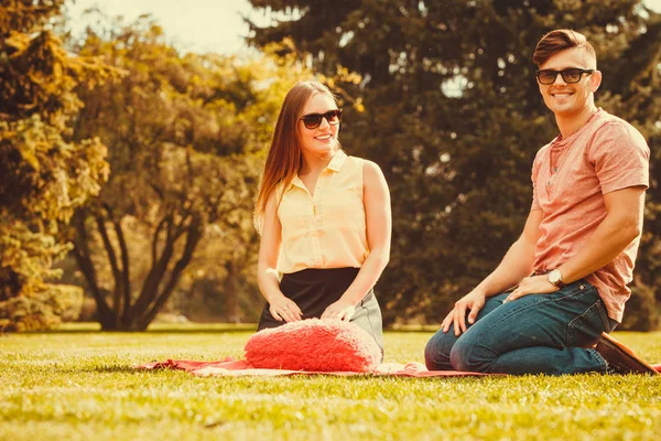 Fröhliches Liebespaar beim Picknick. — Stockfoto