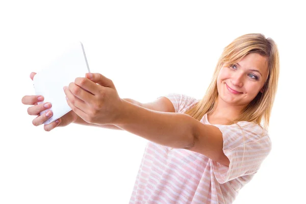 Woman taking self picture with tablet — Stock Photo, Image