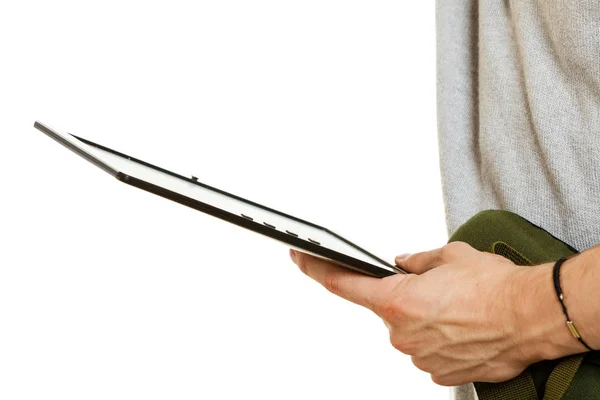 Člověk s použitím tablet pc počítač, nový koncept technologie. — Stock fotografie