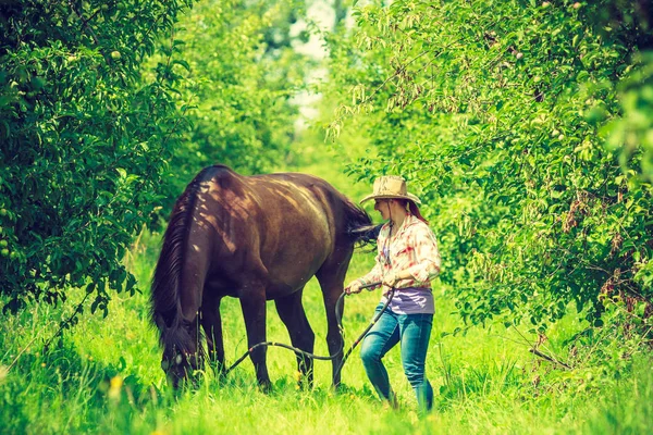 Western woman walking on green meadow with horse — Stock Photo, Image