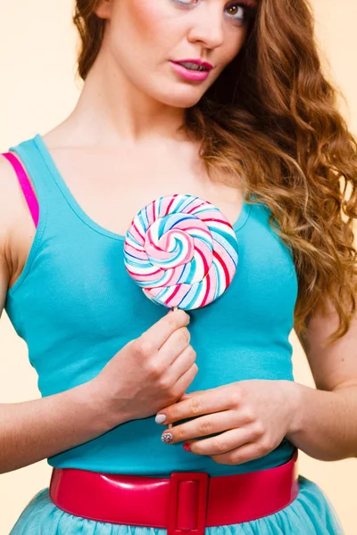 Woman joyful girl with lollipop candy — Stock Photo, Image