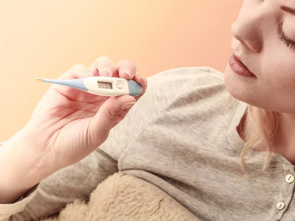Sick ill woman with digital thermometer. — Stock Photo, Image