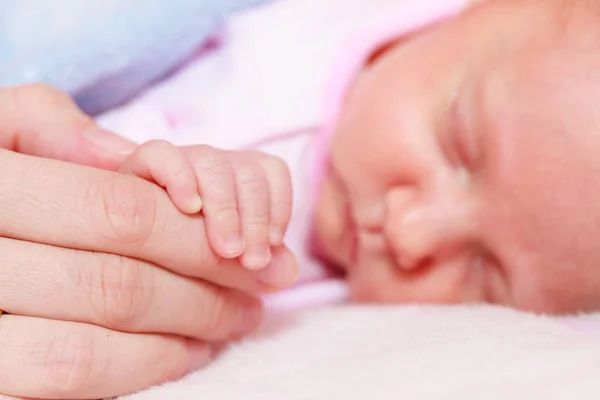 Baby sleeping in blanket holding mother hand — Stock Photo, Image