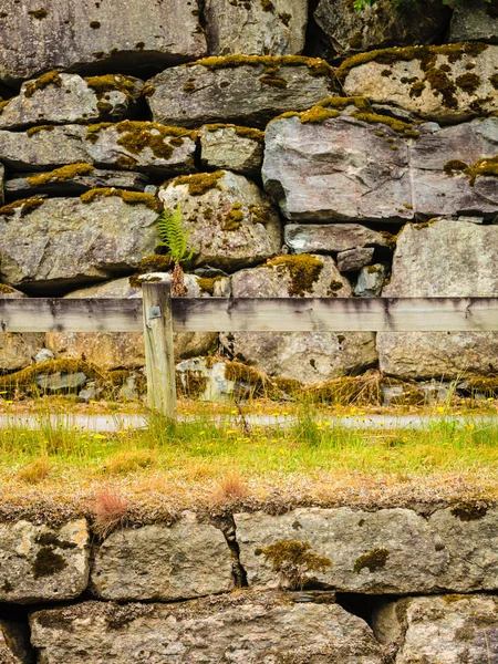 Забор и узкая дорожка вдоль мокрой каменной стены — стоковое фото