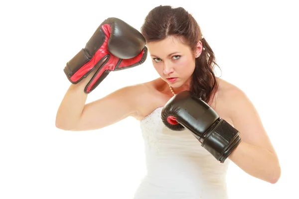 Bide wearing wedding dress and boxing gloves — Stock Photo, Image