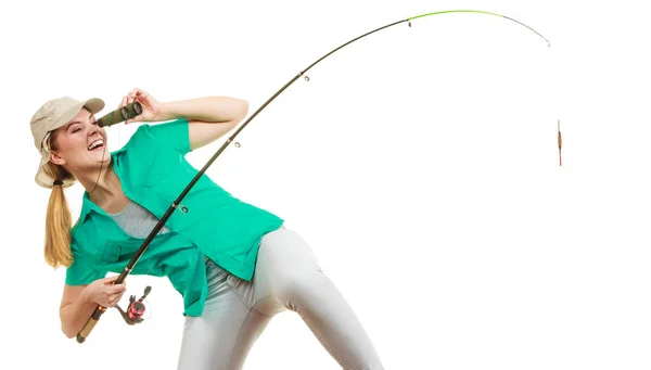 Mujer con caña de pescar, equipo de spinning — Foto de Stock