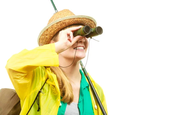 Donna con canna da pesca, filatura — Foto Stock