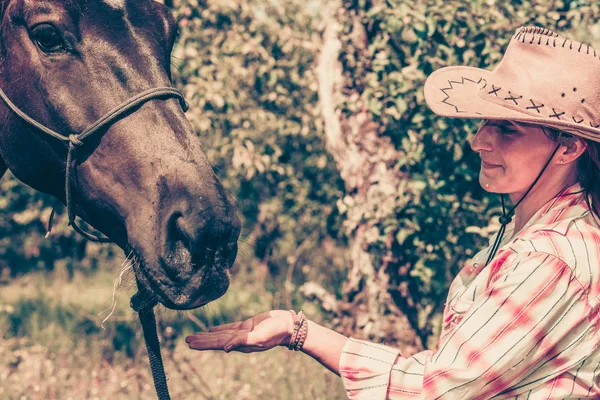 Western woman taking care of horse on meadow — Stock Photo, Image