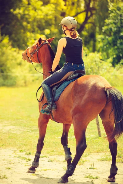 Τζόκευ κορίτσι κάνει άλογο ιππασίας στην εξοχή Λιβάδι — Φωτογραφία Αρχείου