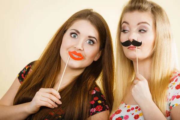 Twee gelukkige vrouwen houden van carnaval accessoies op stick — Stockfoto