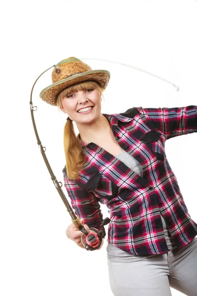 Happy woman in sun hat holding fishing rod — Stock Photo, Image